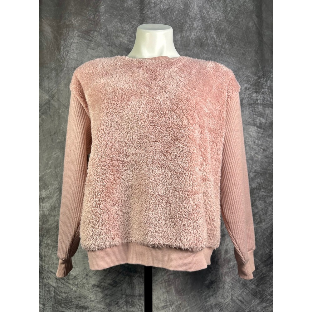 Workshop Republic Clothing Pullover Women S Pink Faux Fur Ribbed Mixed Media